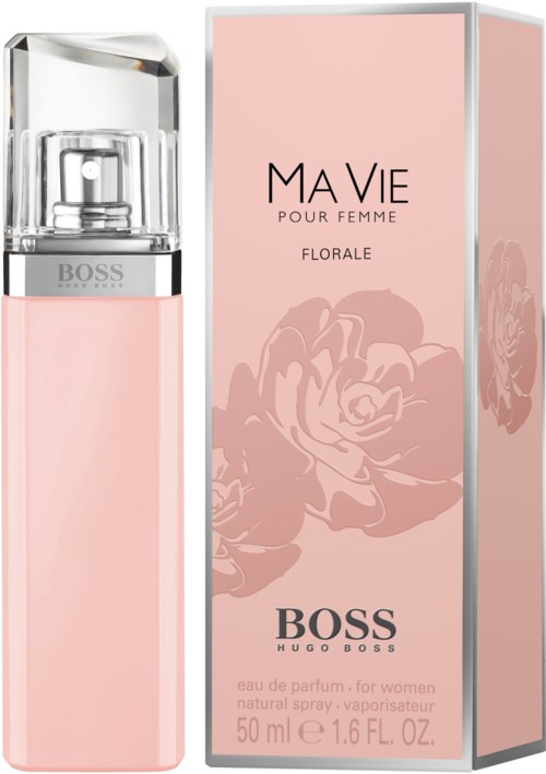 En rosa parfyllflaska med ett box, märkt 'MAVIE POUR FEMME' och 'BOSS' för kvinnor, blomsterdesign, 50 ml.