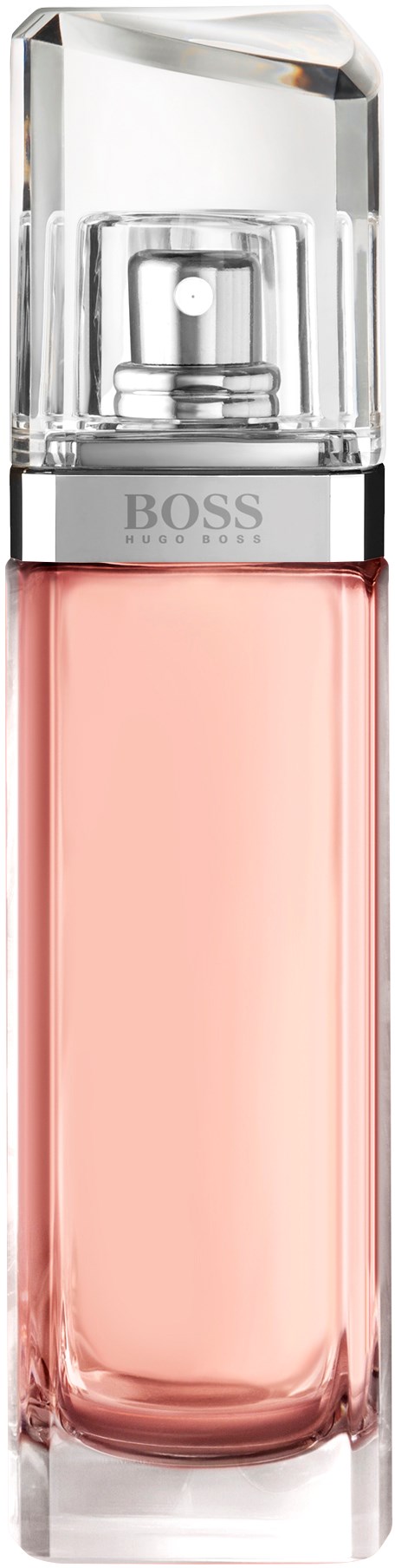 Ett rosa flytande parfym i en transparent glasflaska med ett silverband och ett klart lock. Märket är BOSS.