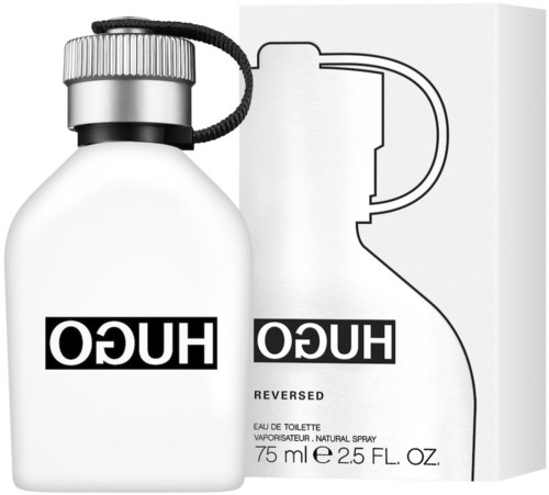 A white perfume bottle with a black and white box, labeled 'HUGO' and 'Reversed' for Eau de Toilette.