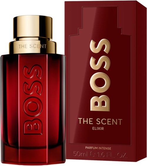 A red bottle of perfume with gold top and a matching box says 'BOSS THE SCENT ELIXIR'.