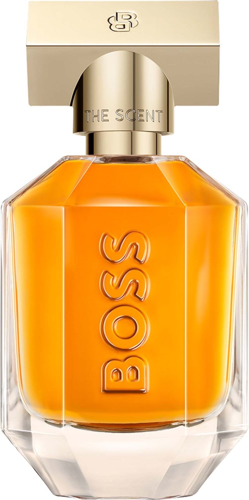 A perfume bottle with gold cap and orange liquid inside, labeled with the word BOSS.