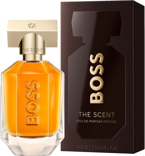A BOSS perfume bottle in orange color with a black box, labeled THE SCENT, Eau de Parfum Intense.