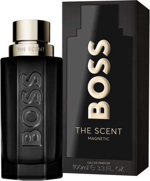 A black perfume bottle with a gold cap and a black box labeled 'BOSS THE SCENT MAGNETIC'.
