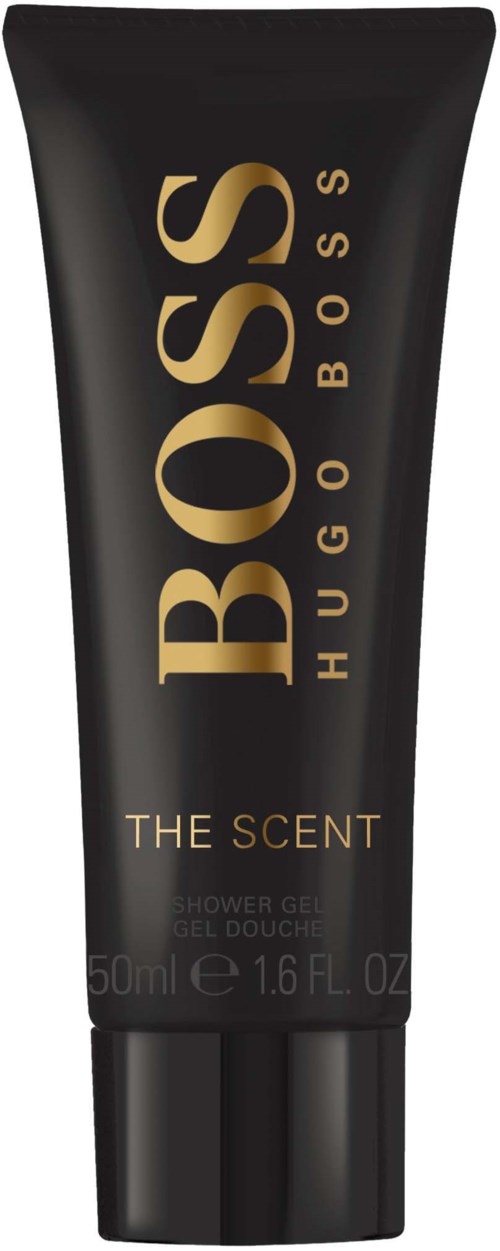 A black shower gel tube with gold and beige text, labeled 'BOSS HUGO BOSS THE SCENT.'