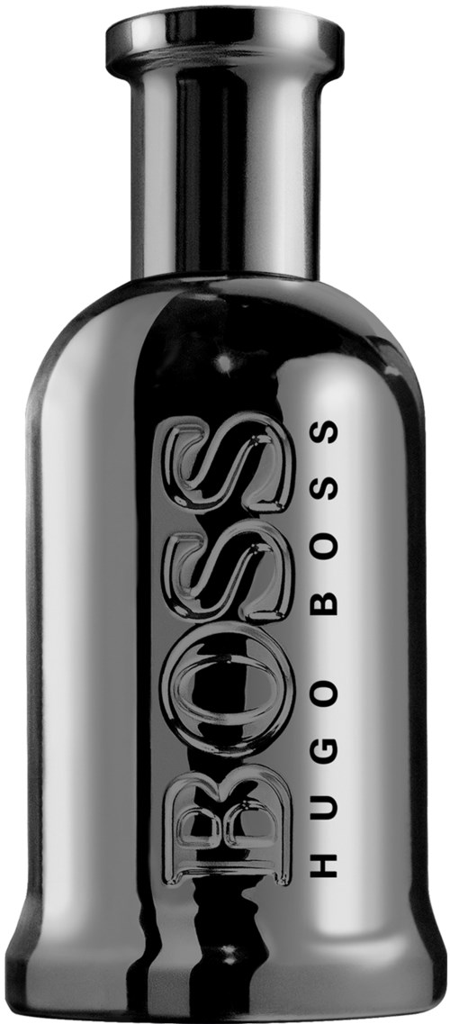 Eine schwarze Hugo Boss-Flasche, glänzend und elegant, mit einfachem, stilvollem Design und Markennamen.