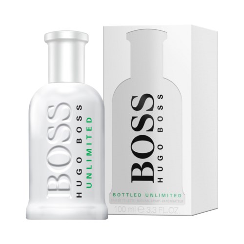 Een witte fles Boss Unlimited parfum naast een doos met zwarte tekst en groene details.