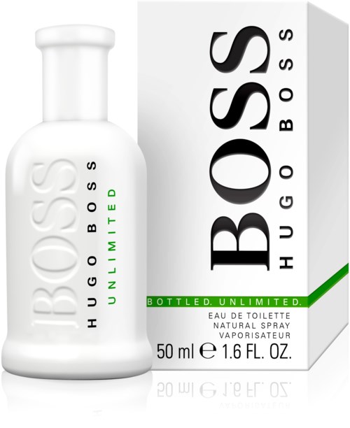 Vit flaska med svart och grönt text, bredvid en matchande box, som visar Hugo Boss Untitled Eau de Toilette.
