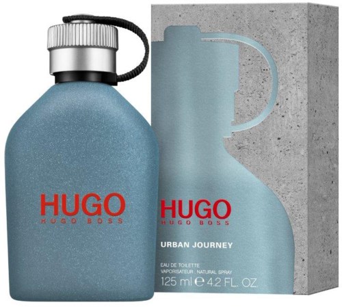 Blauer Hugo Boss Parfümflasche mit rotem Text und Verpackung, für Männer. Schlichtes und modernes Design.