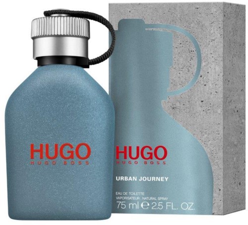 Eine blaue Flasche Hugo Boss Parfüm mit passender Verpackung, beschriftet 'Urban Journey', 75 ml, Eau de Toilette.