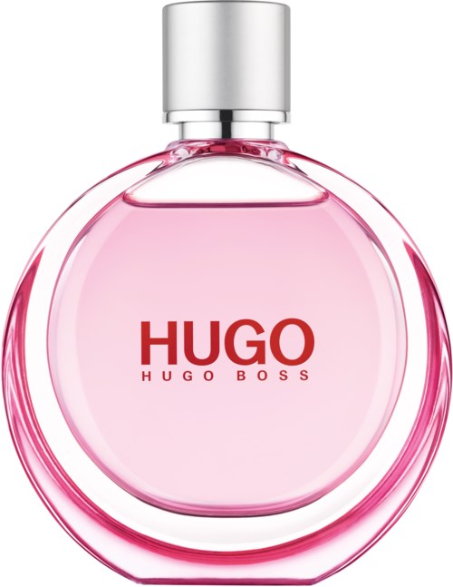 En rund rosa parfymflaska med silverhatt och varumärket Hugo Boss i röda bokstäver.