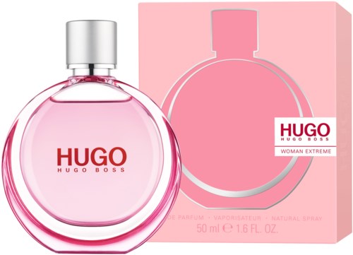 Rosa parfymflaska och box med Hugo Boss-logotyp, för kvinnor, 50 ml. Enkel och elegant design.
