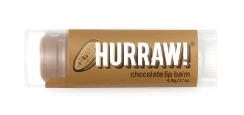 Een chocolade lippenbalsem met een beige label, witte dop, en logo met een nijlpaard gezicht.