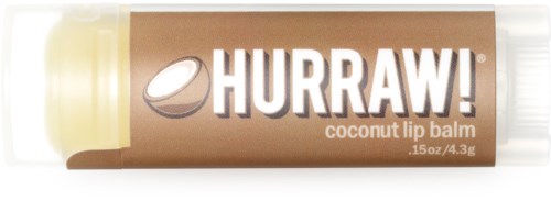 En tub märkt Hurraw! kokosnötsläppbalsam med en kokosbild, som visar produktens typ och storlek.