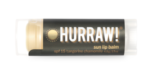 En tub med Hurraw! solläppbalsam med SPF 15, smak är tangerin kamomill, innehåller 4,8 gram.
