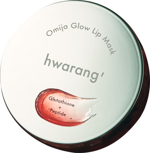 Rund beholder merket 'Omija Glow Lip Mask' med 'hwarang' og ingredienser som Glutathione og Peptide. Det ser ut som et hudpleieprodukt.
