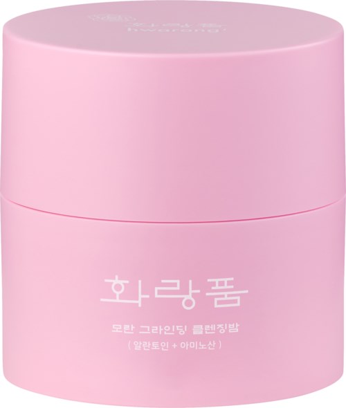 Rosa sirkulært beholder med koreansk tekst, sannsynligvis et kosmetikk- eller hudpleieprodukt.