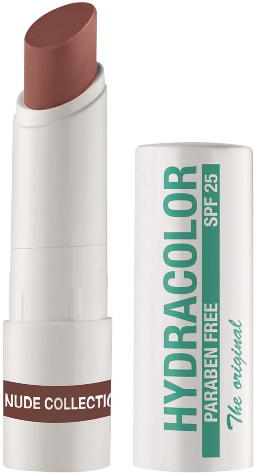 Een nude lippenstift met een witte en groene tube met de tekst "HYDROCOLOR SPF 25" en "NUDE COLLECTION."