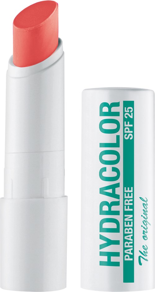 Koralliävyinen huulipuna valkoisessa putkessa, jossa lukee 'HYDRO COLOR SPF 25'.