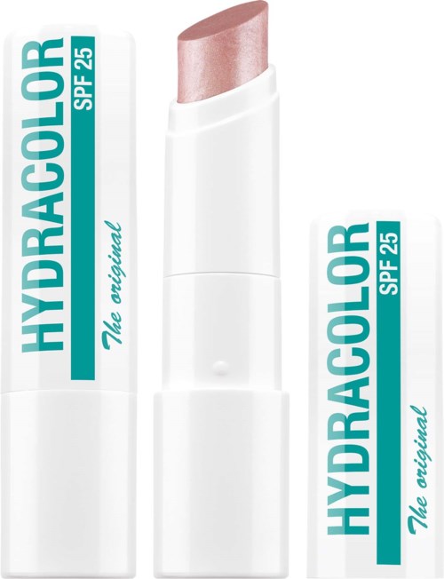 Huulipuna valkoisessa pakkauksessa ja vaaleanpunaisella värillä, mærkinnä Hydraclor SPF 25, The original.