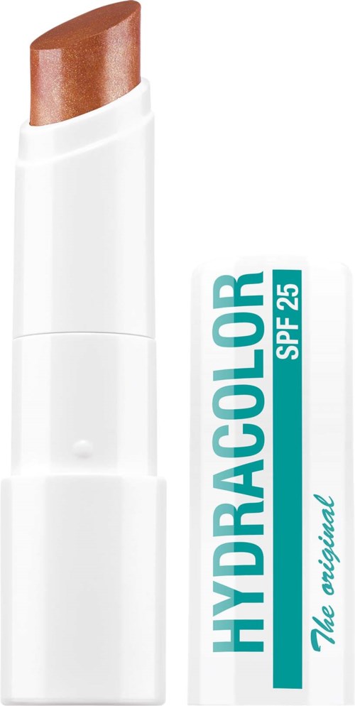 Ruskea huulipuna valkoisessa pakkauksessa, jossa on turkoosi ja valkoinen tarra. Tarrassa lukee "HYDRACOLOR SPF 25" ja "The original."