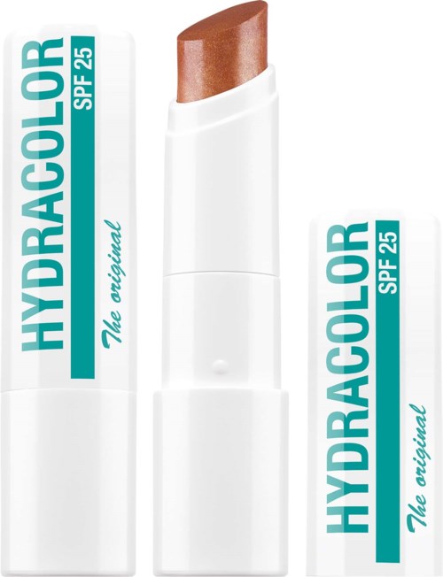 Huulisävyttävä huulivoide, ruskea sävy, ja sen laatikko on vieressä, jossa lukee Hydracolor SPF 25.