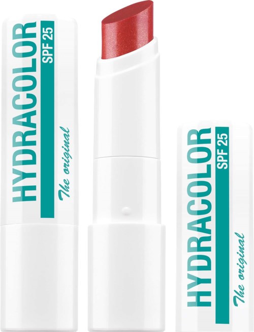 Hydracolor huulipuna, jossa SPF 25, käärittynä ja esillä punainen väri.