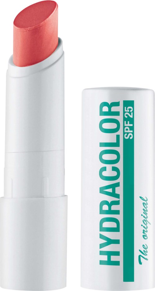Ein pinker Lippenstift in einer weißen Hülse mit Deckel, beschriftet 'Hydracolor SPF 25' und 'The original.'