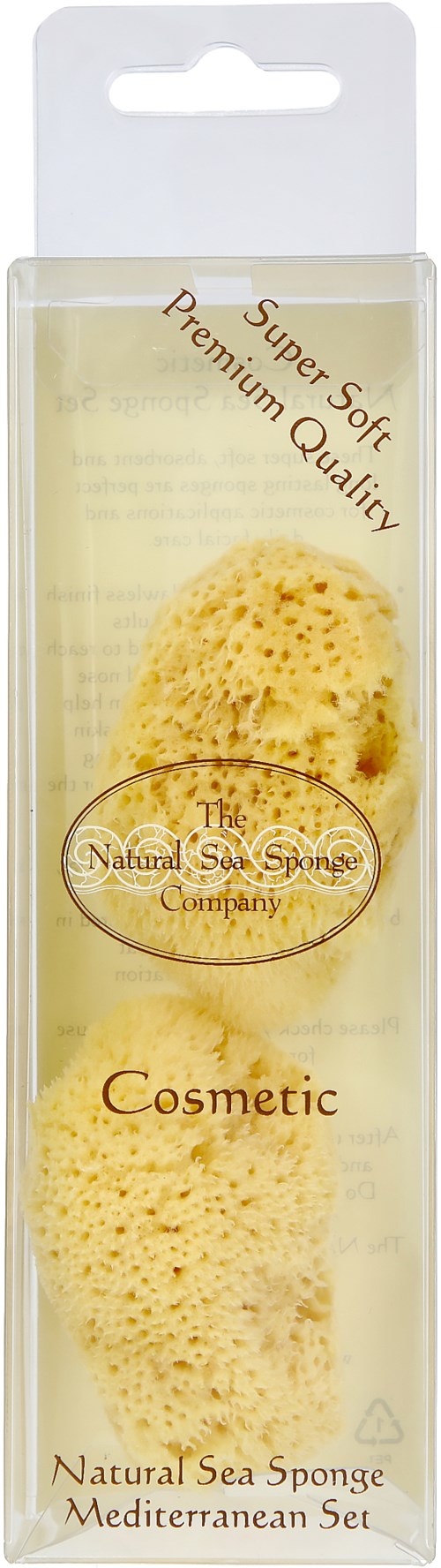 A package of two natural sea sponges for cosmetic use in clear plastic box.