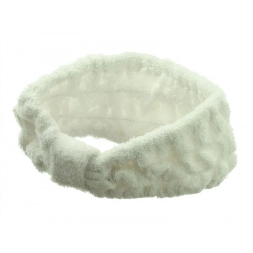 En mjuk, fluffig vit pannband, troligen gjord av fleece eller liknande material, för värme eller komfort.