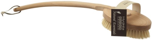 En tresvamp med langt håndtak og myke børster, designet for kroppsvask.