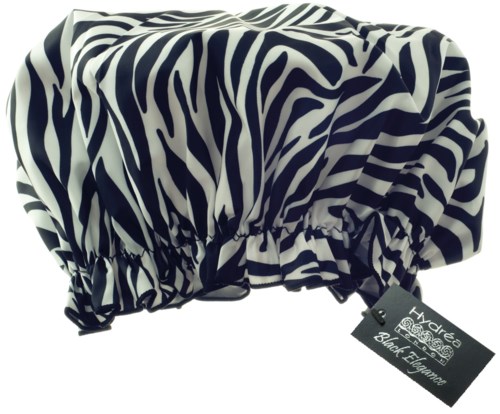 En sort-hvid zebra-mønstret hue med elastiske kanter og en etiket, der siger "Hydrea Black Eyemape."
