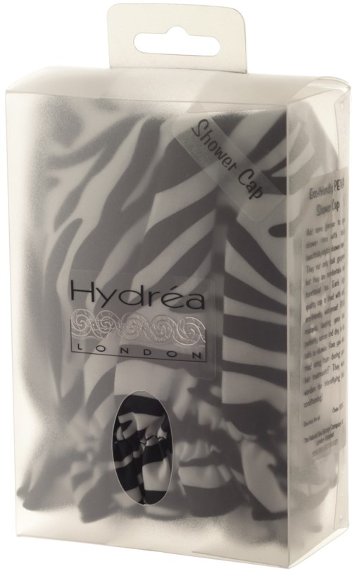 Et gennemsigtigt brusehætte med sort-hvide zebra striber, mærket Hydrea London.