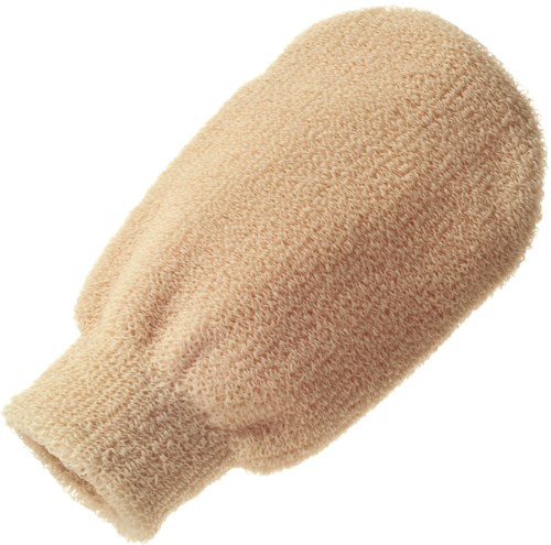 En beige handsk av mjukt material för rengöring eller tvätt av händerna.