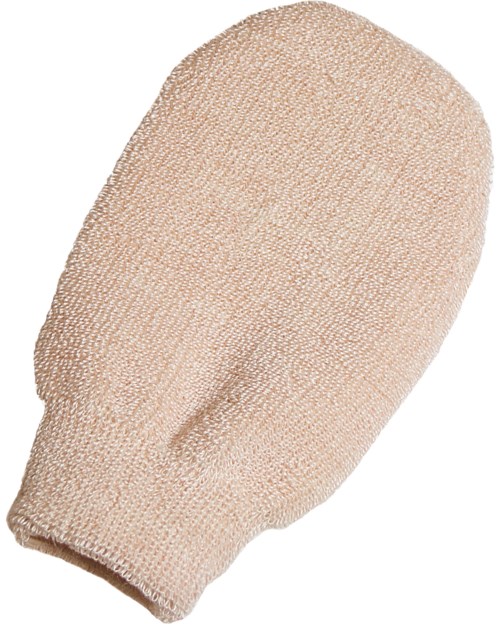 En beige foamhandske med mjuk, texturerad yta, utformad för att skydda handen vid aktivitet.