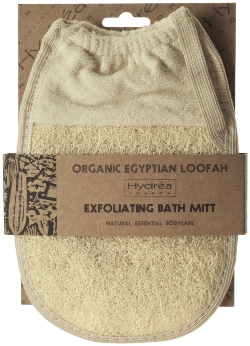 A natural, organic Egyptian loofah bath mitt with a soft fabric part and a textured sponge side for exfoliating.