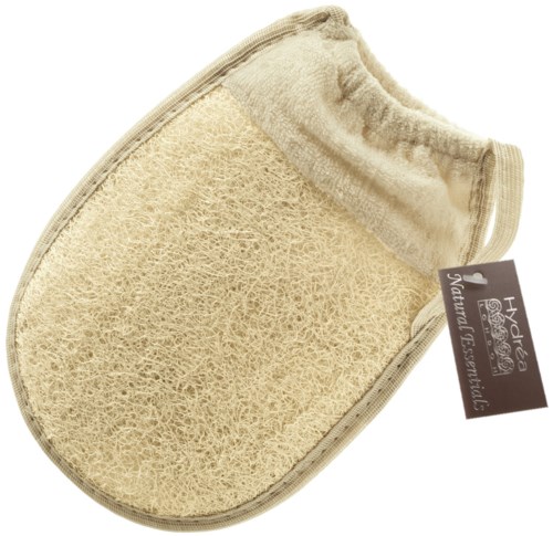 A beige exfoliating bath sponge with a soft cloth border and a tag stating 'Natural Essential'.