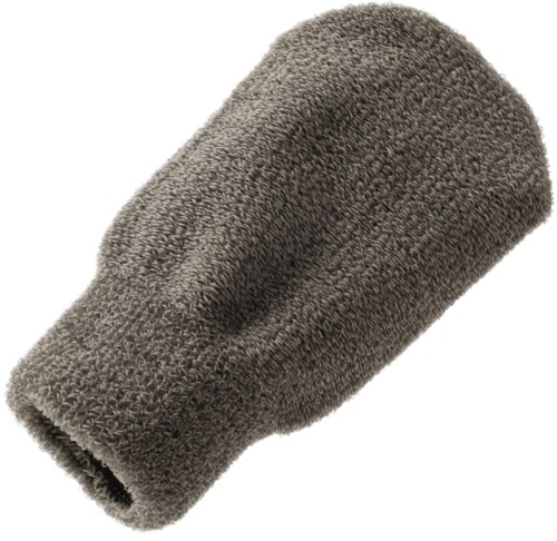 En grå, strikket armbånd eller sokk med et hull i midten. Det ser mykt og elastisk ut.