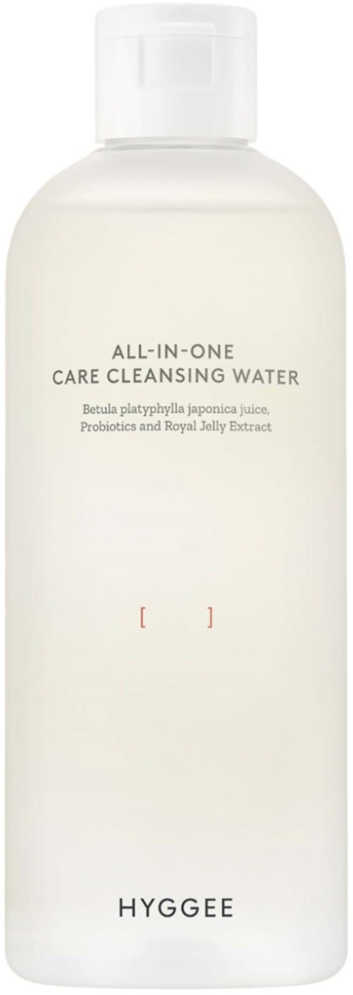 A white bottle labeled 'All-in-One Care Cleansing Water' with ingredients listed below, and 'HYGGEE' at the bottom.