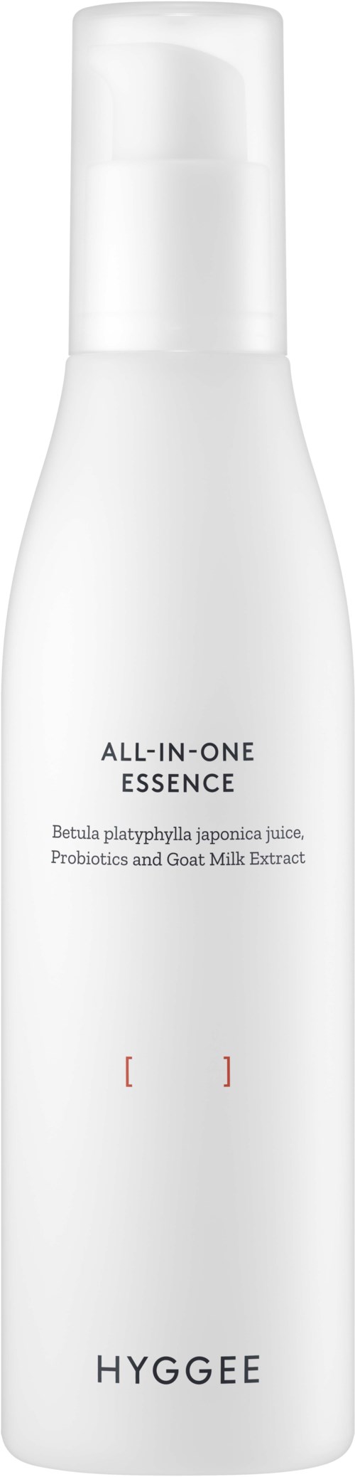 En vit flaska med texten 'All-in-One Essence' och information om växt- och probiotiska ingredienser, samt märket 'Hyggee'.