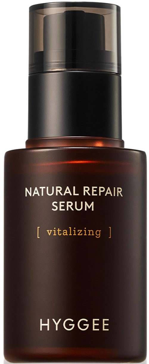 En mörkbrun flaska med pump, märkt 'Natural Repair Serum' och 'Hydgee', används för hudvård.