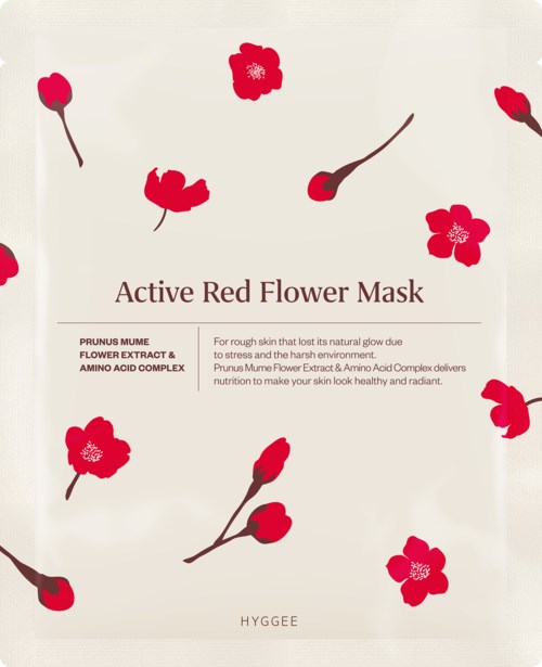 Een huidverzorgingsproduct genaamd Active Red Flower Mask met illustraties van rode bloemen en tekst over de voordelen.