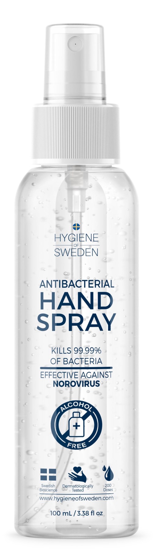 En klar plastflaska med spraymödsel märkt antibakteriell handspray, hävdar att den dödar 99,9% av bakterier, effektiv mot norovirus.