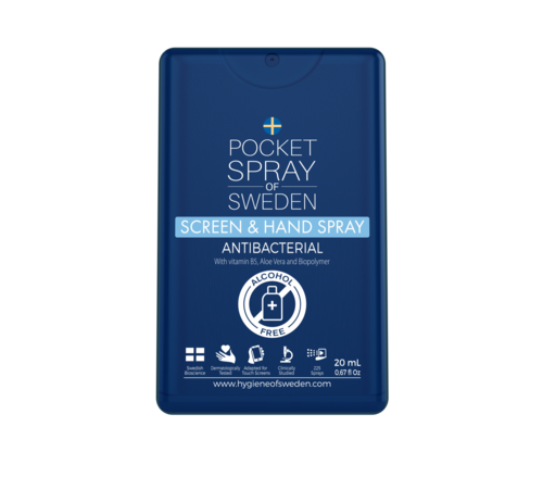 Blauer Sprühflasche mit Label für antibakterielle Hand- und Bildschirm-Spray aus Schweden, 20 ml, alkoholfrei.