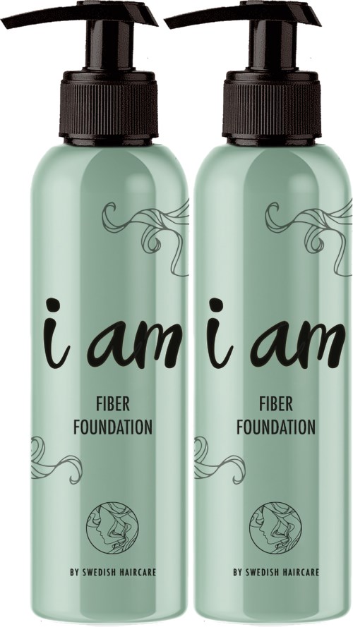 Dwie butelki podkładu Fiber od Swedish Haircare z czarnymi pompkami, jasny zielony kolor i ozdobny tekst.