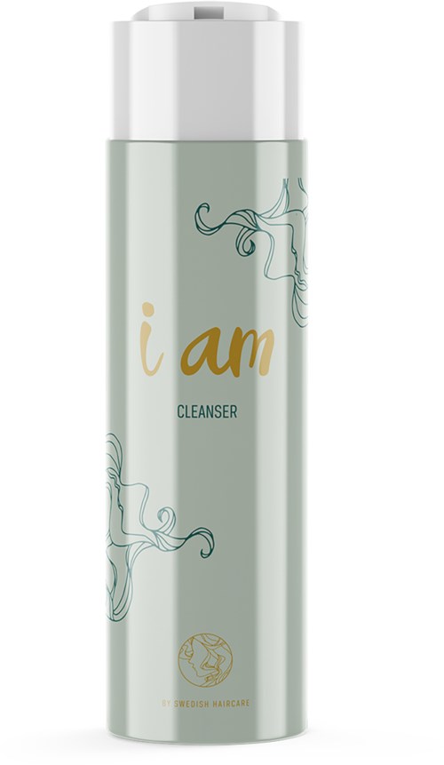 Pitkä valkoinen pullo, jossa lukee 'i am CLEANser' ja koristeellisia viivapiirroksia, tarkoitettu ihon puhdistukseen.