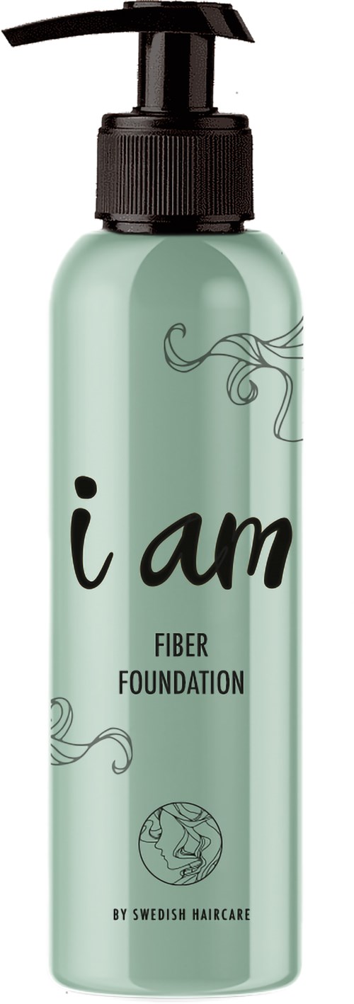 Vaalemainen pullo, jossa pumppu, merkinnällä 'i am fiber foundation' Swedish Haircare:lta, kiharaisia viivapiirroksia.