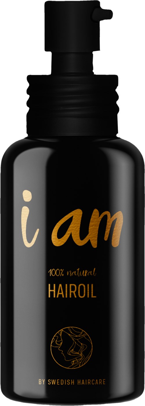 Musta pullo mekaanisella annostelijalla, merkintä "i am" ja "HAIR OIL," kultaisella ja ruskealla tekstillä ja logo.