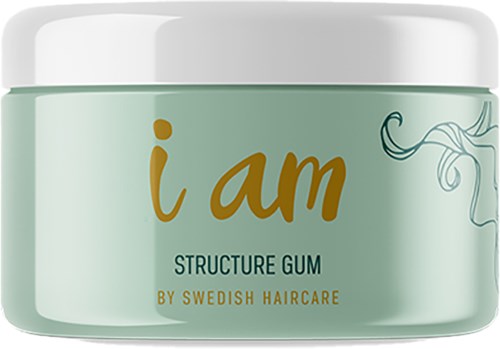 Een lichtgroene haargelei in een pot met witte deksel, gelabeld 'i am' en 'structure gum'.