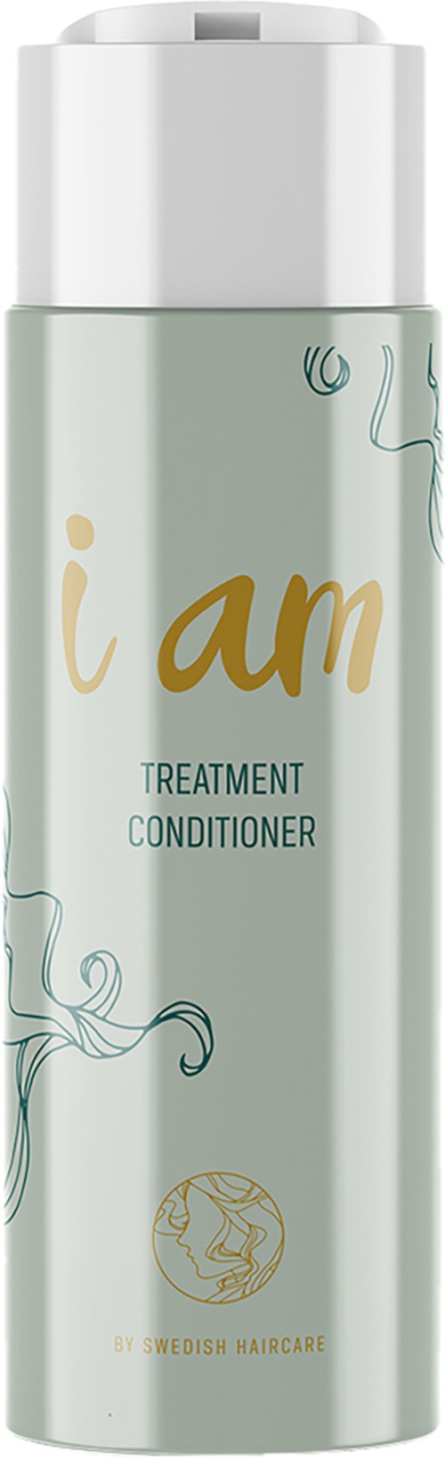 En lang, lysegrøn flaske med hårbehandling og hvid top, mærket 'i am' og 'Treatment Conditioner'.