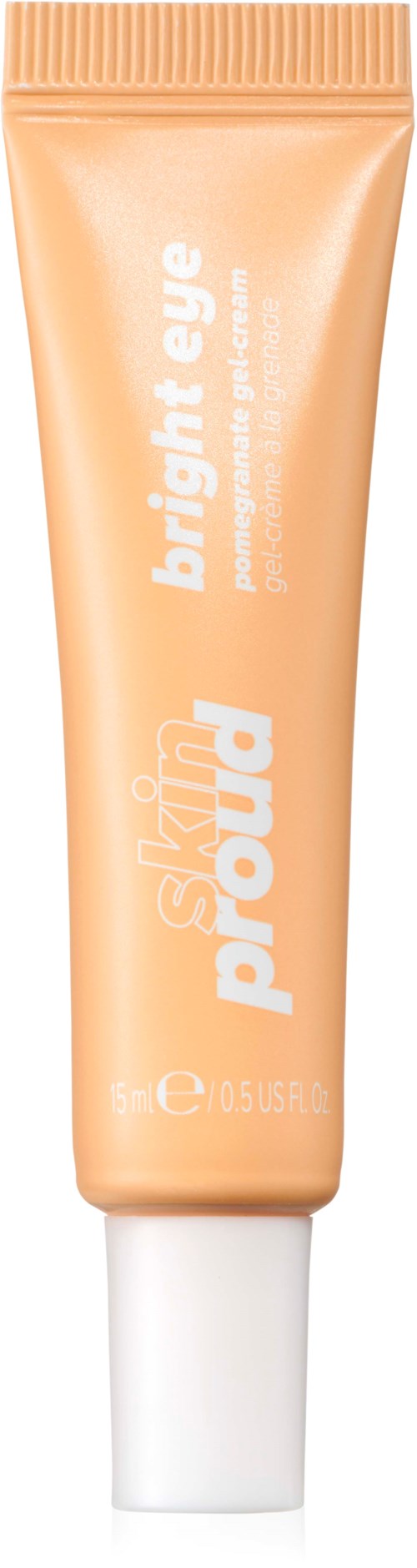 Orange tube with white cap, says "bright eye" and "skin proud" in white letters, likely a skincare product.